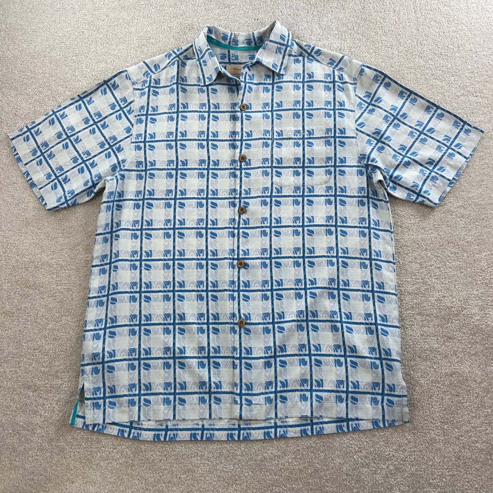 Tommy Bahama Silk Button Down Shirt Mens Small Blue White Geometric Tile Print